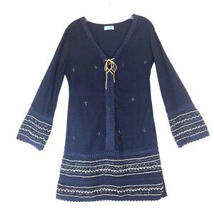 Letarte Short Long Sleeve BoHo Navy Blue Cotton Dress Size M-L